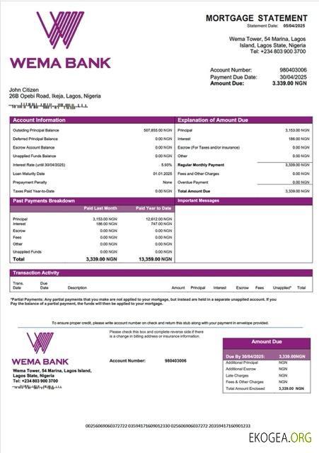 Modèle Word et PDF de relevé hypothécaire de la Wema Bank du Nigéria
